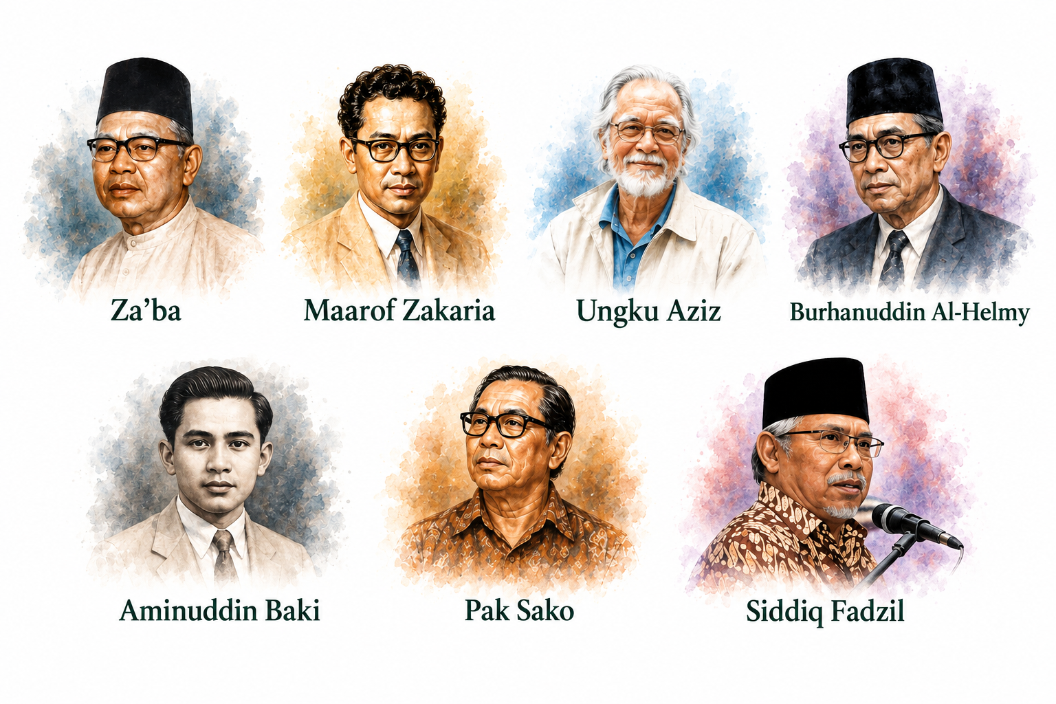 Tujuh tokoh Guru Bangsa: Za'ba, Maarof Zakaria, Ungku Aziz, Burhanuddin Al-Helmy, Aminuddin Baki, Pak Sako, Siddiq Fadzil